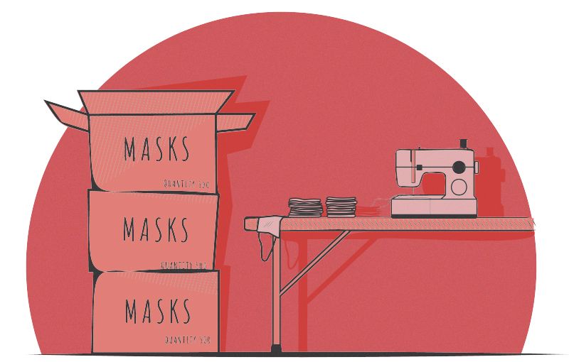 Illustration of boxes labeled "masks" next to a table with a sewing machine, storage boxes and a mask.