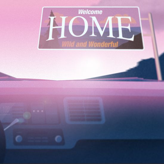 Illustration of hand on steering wheel and car dashboard with West Virginia welcome sign that says Home.