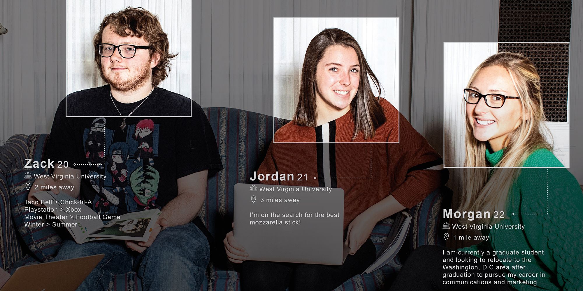 Image of two women and a man with dating profiles superimposed over the group shot for each.
