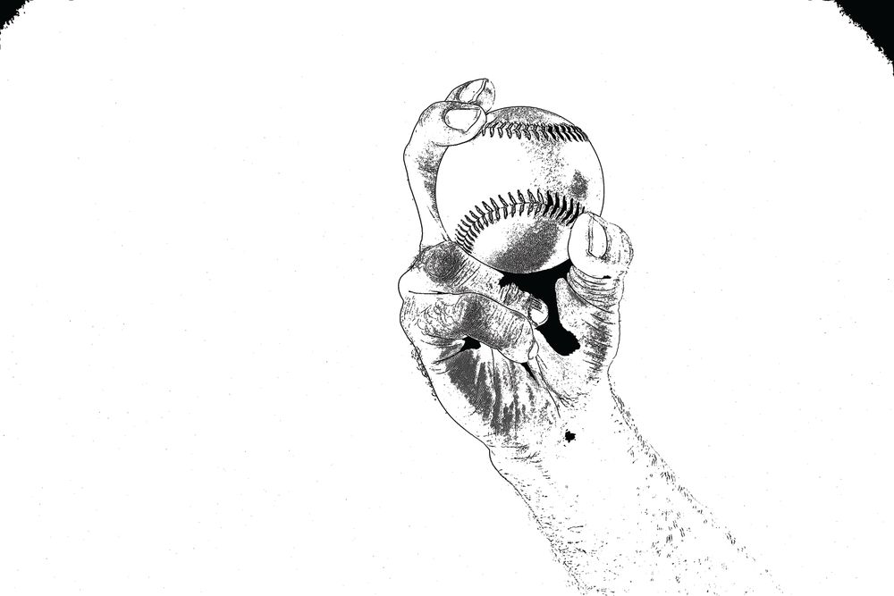 Sketch of hand holding baseball.