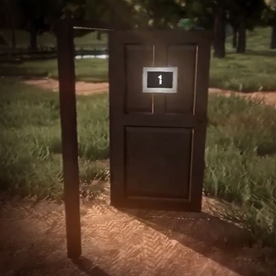 Image from Summerland video game shows a door standing in a field with a number 1 on it. A police car is parked nearby.