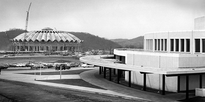 Black and white picture of WVU coliseum 