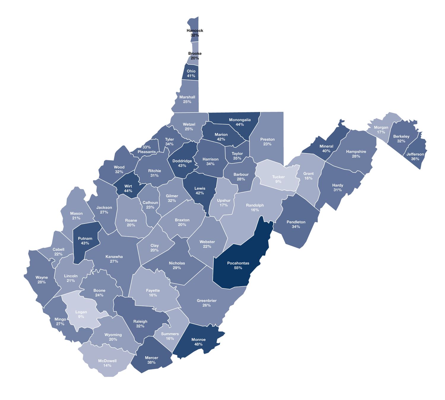 Map of math proficiency by district in West Virginia in 2017.
