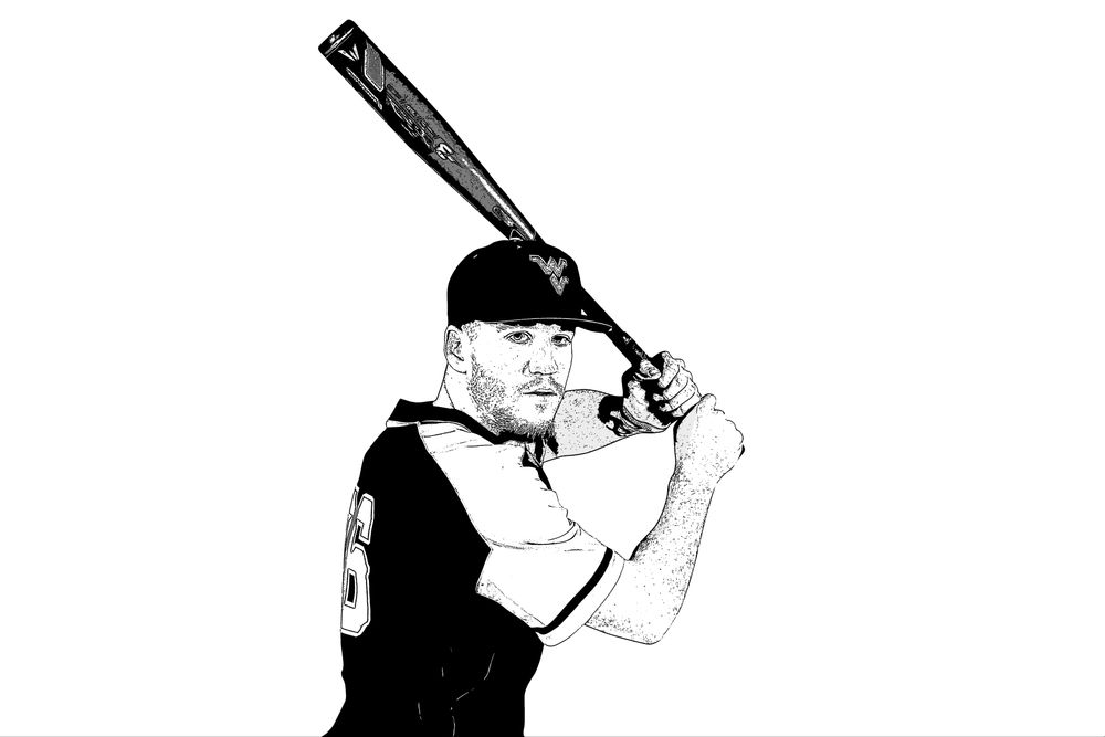 Sketch of baseball player holding bat.