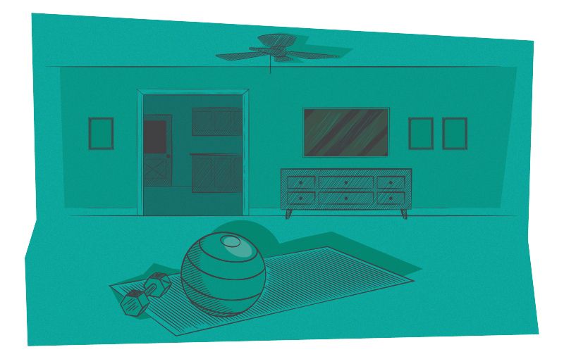 Illustration of living room with TV on wall and yoga mat, weights and yoga ball on floor.