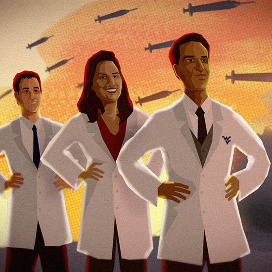 Illustration of three doctors in white coats against a backdrop of vaccines that look like missiles.