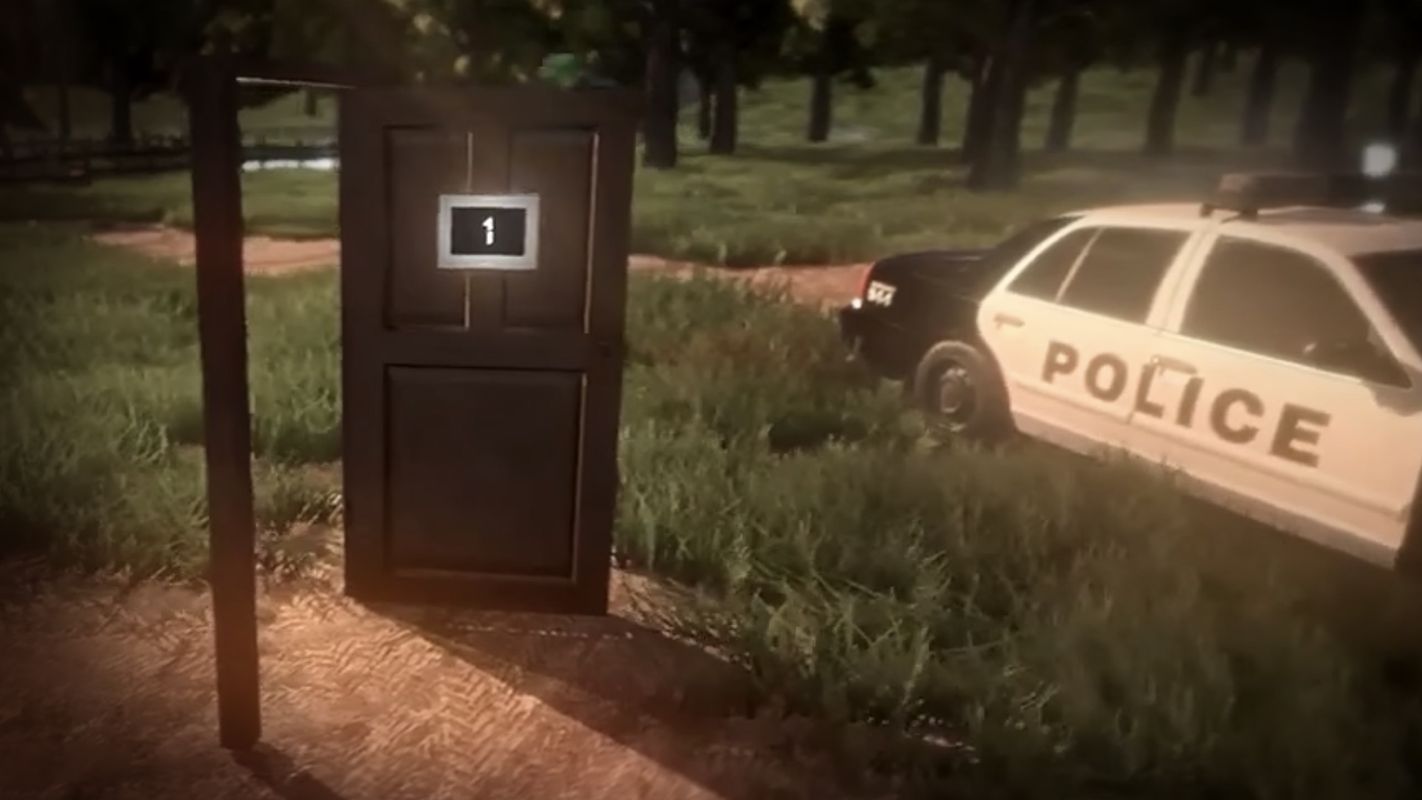 Image from Summerland video game shows a door standing in a field with a number 1 on it. A police car is parked nearby.
