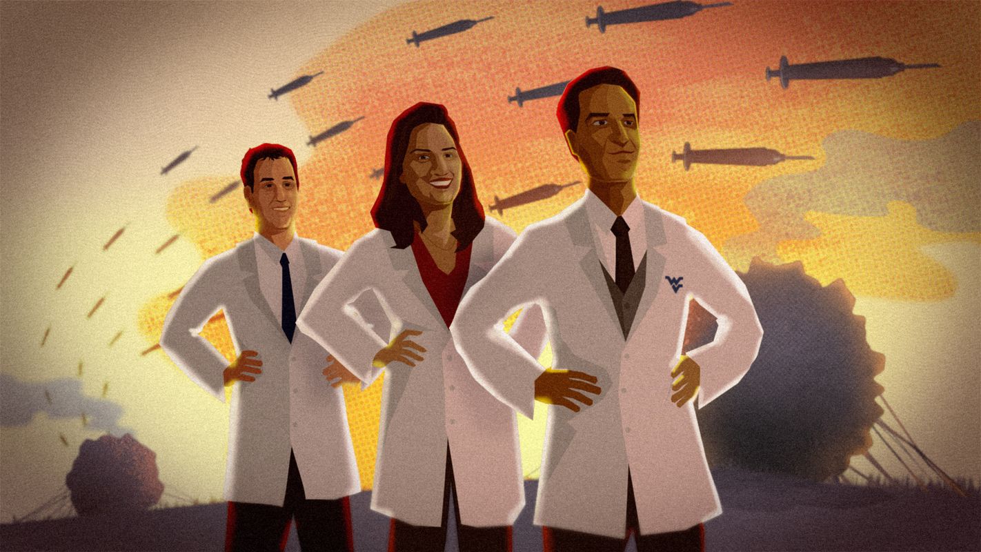 Illustration of doctors with a backdrop of vaccines that look like missiles with large cancer cells in the background. 