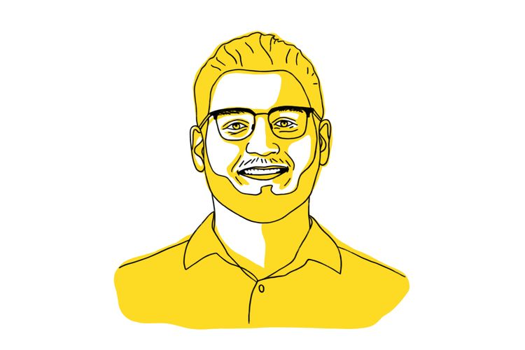 Illustration of Benjamin Wilson in yellow, man in beard and wearing glasses.