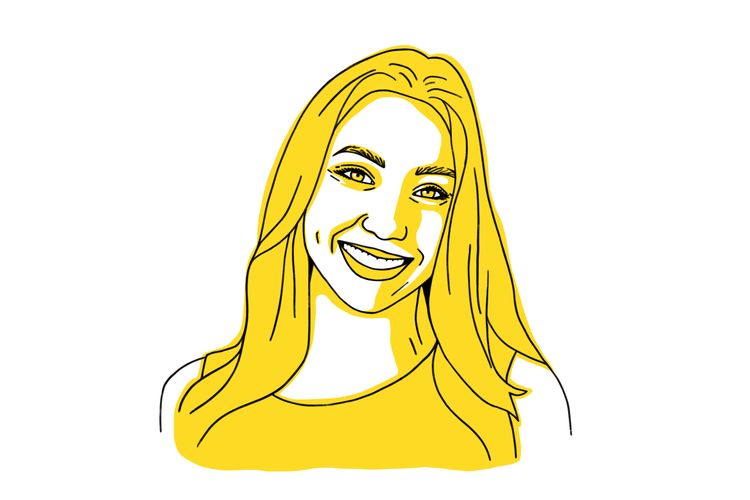 Illustration of Sarah Gordon in yellow, woman smiling with long hair.
