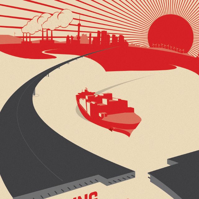 Ilustration of boats going under a bridge with rising sun in the background along with windmills and coal stacks.