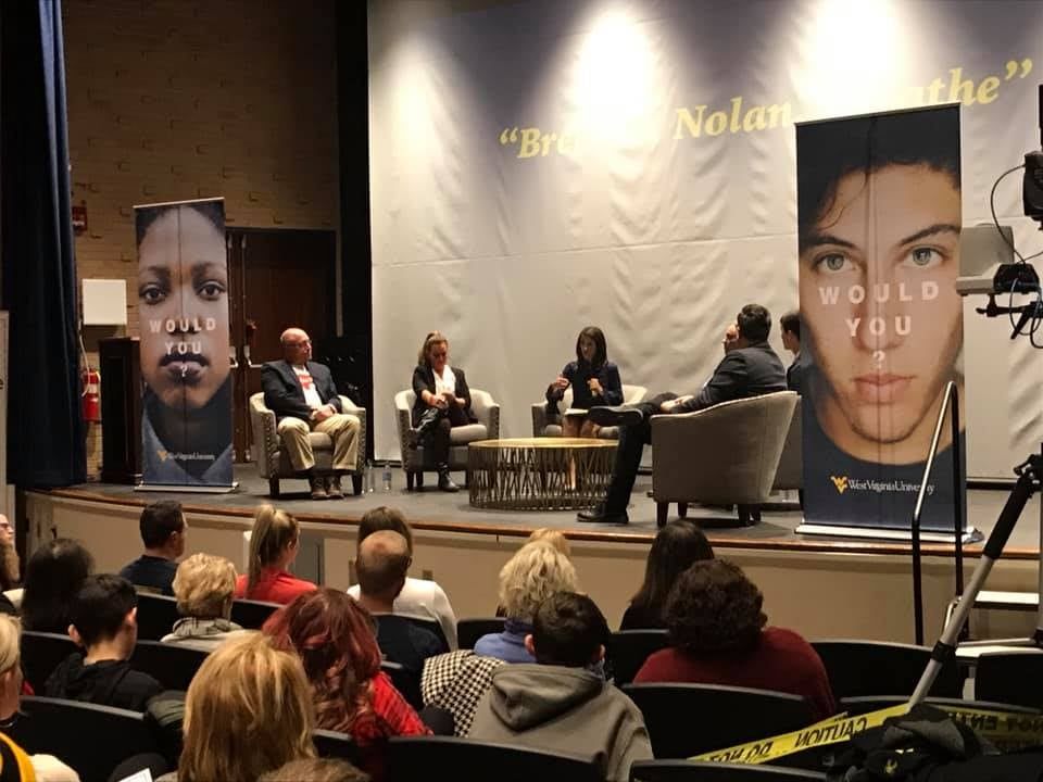 Discussion following screening of Breathe, Nolan, Breathe documentary in the Mountainlair Gluck Theatre. On stage and visible are TJ and Kim Burch and moderator April Kaull.