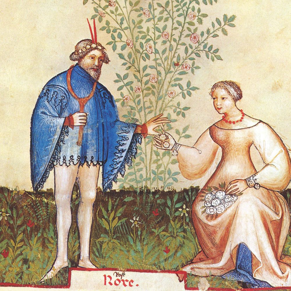 Classical painting of man taking a plant material from a woman.