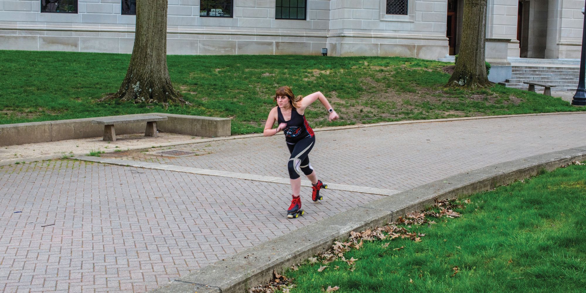 Mindy Parsley roller skating at the West Virginia State Capitol.