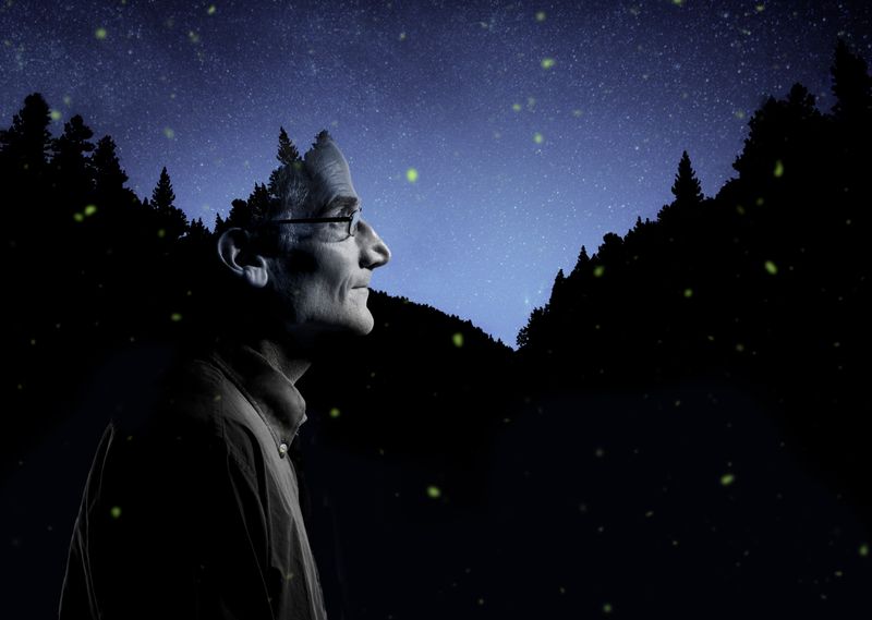 Duncan Lorimer against a backdrop of forested hills and fireflies.
