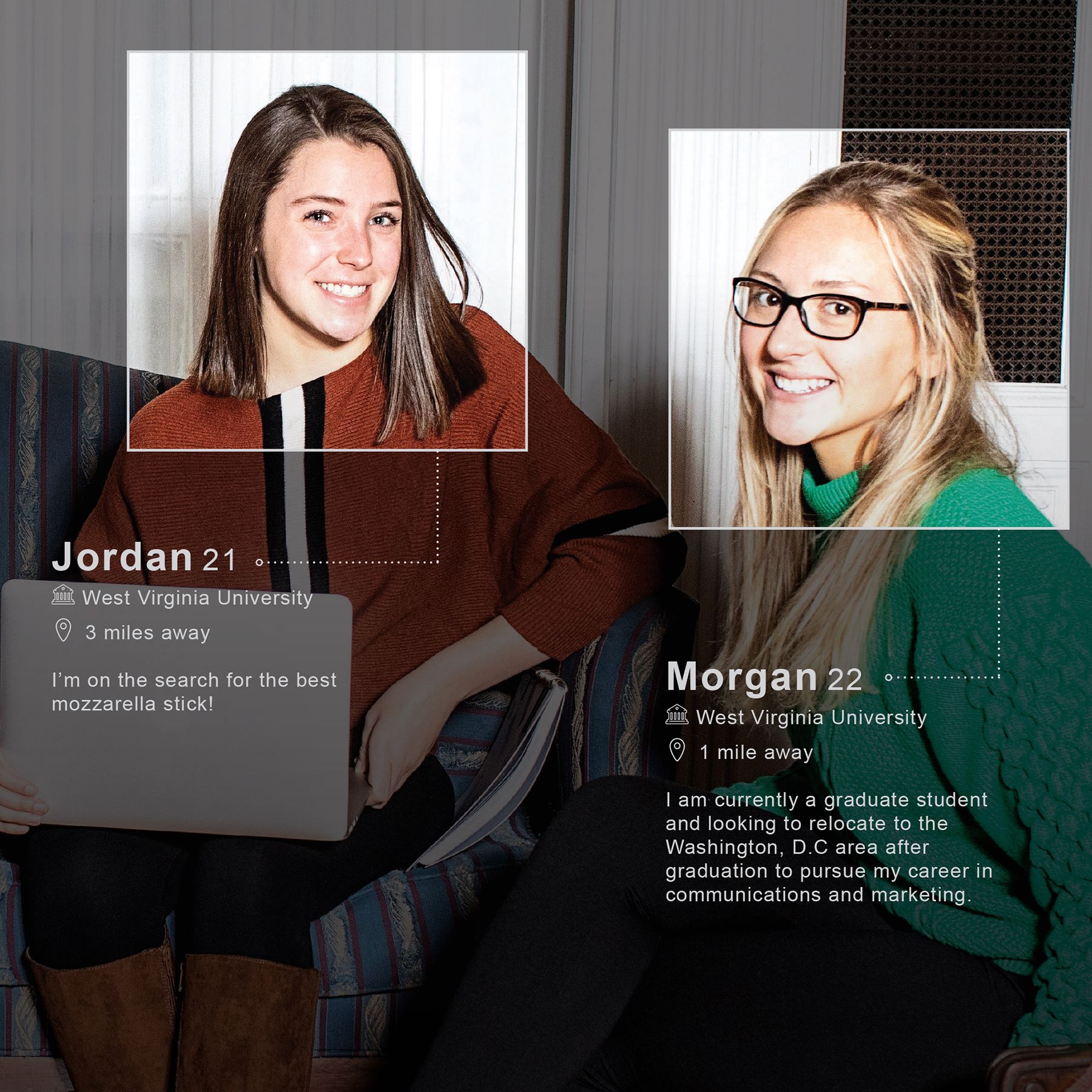 Image of two women with dating profiles superimposed over the group shot for each.