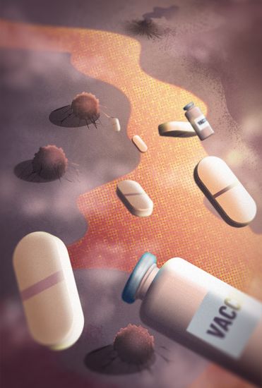 Image of pills, vaccine bottles and cancer cells.